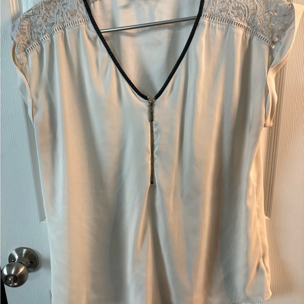 Express Cream V-Neck Lace Yoke Blouse with Front Zip